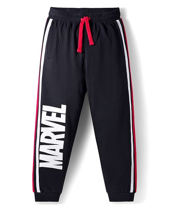 Pine Kids Marvel Terry Knit Oversize Drop Shoulder Full Sleeves T-Shirt and Joggers Set with Avengers Graphics - Black