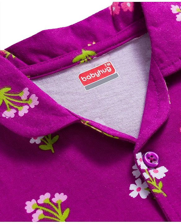 Babyhug Cotton Knit Full Sleeves Co-ords Night Suit With Floral Print - Purple
