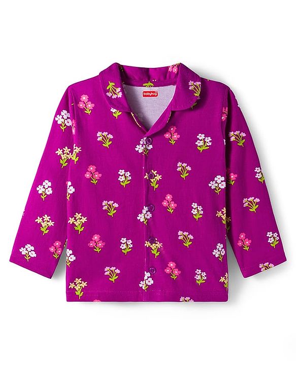 Babyhug Cotton Knit Full Sleeves Co-ords Night Suit With Floral Print - Purple