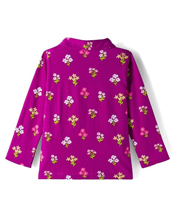 Babyhug Cotton Knit Full Sleeves Co-ords Night Suit With Floral Print - Purple