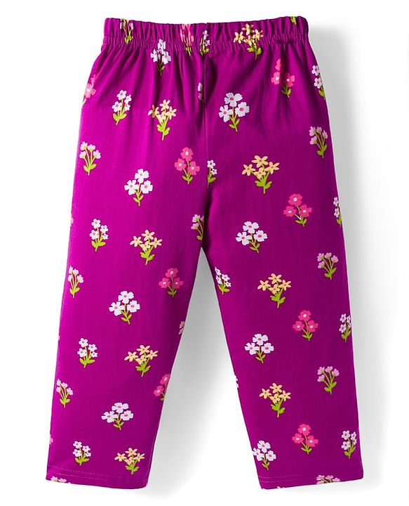 Babyhug Cotton Knit Full Sleeves Co-ords Night Suit With Floral Print - Purple