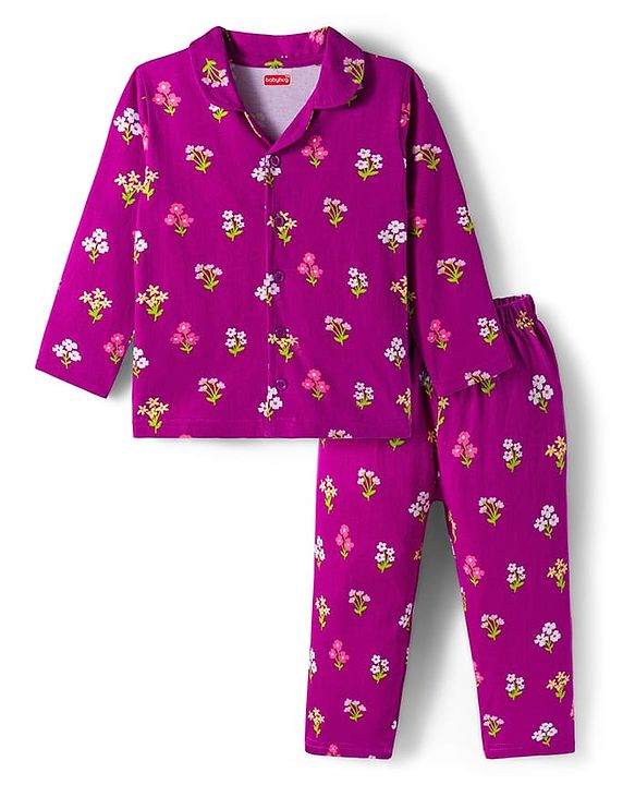 Babyhug Cotton Knit Full Sleeves Co-ords Night Suit With Floral Print - Purple
