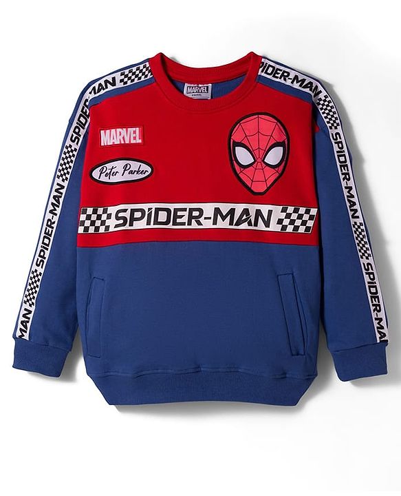 Pine Kids Marvel Terry Knit Drop Shoulder Full Sleeves Sweatshirt With Spider-Man Graphics & Badge Detailing - Blue & Red
