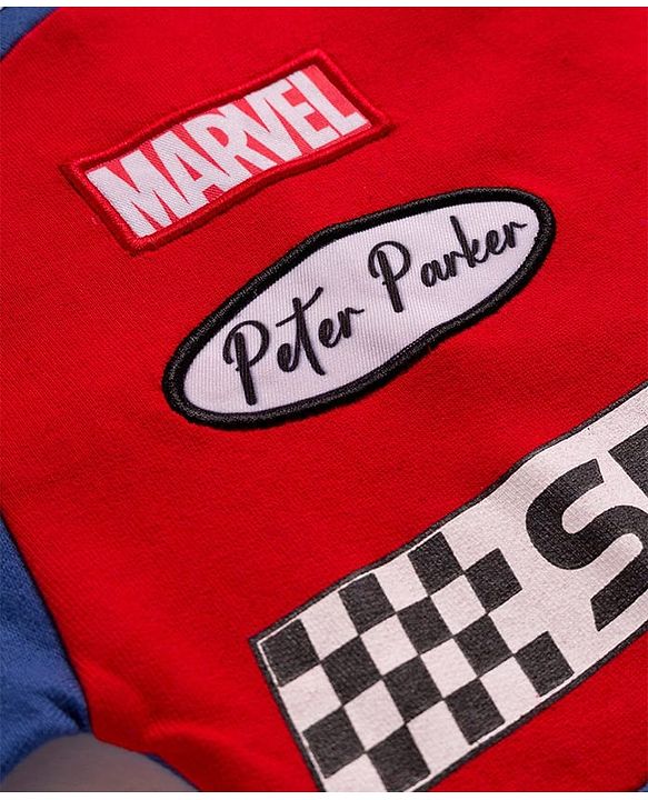 Pine Kids Marvel Terry Knit Drop Shoulder Full Sleeves Sweatshirt With Spider-Man Graphics & Badge Detailing - Blue & Red