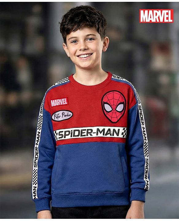 Pine Kids Marvel Terry Knit Drop Shoulder Full Sleeves Sweatshirt With Spider-Man Graphics & Badge Detailing - Blue & Red