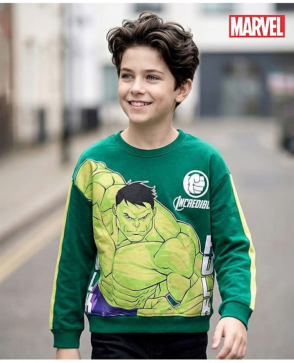 Pine Kids Marvel Terry Knit Drop Shoulder Full Sleeves Sweatshirt With Avengers Hulk Graphics & Cut Sew Detailing - Green