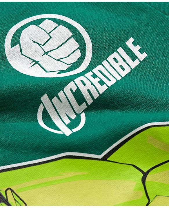 Pine Kids Marvel Terry Knit Drop Shoulder Full Sleeves Sweatshirt With Avengers Hulk Graphics & Cut Sew Detailing - Green