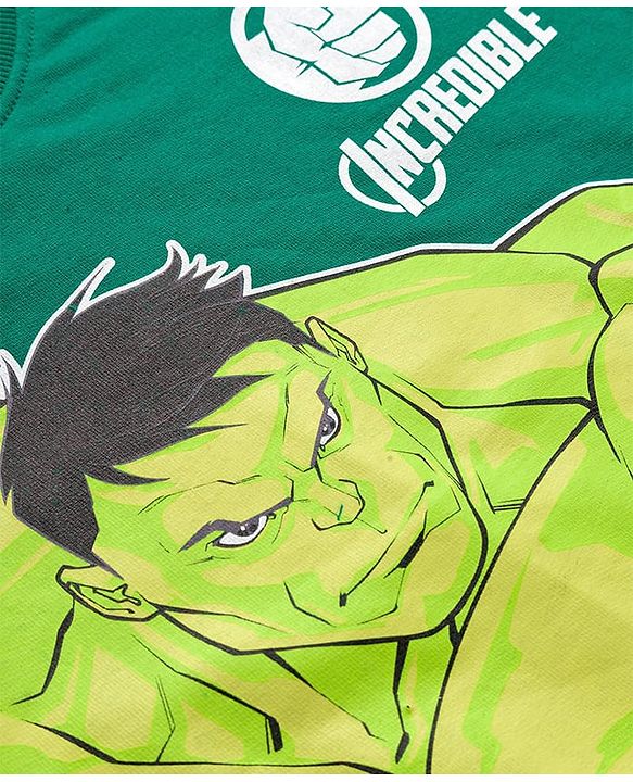 Pine Kids Marvel Terry Knit Drop Shoulder Full Sleeves Sweatshirt With Avengers Hulk Graphics & Cut Sew Detailing - Green