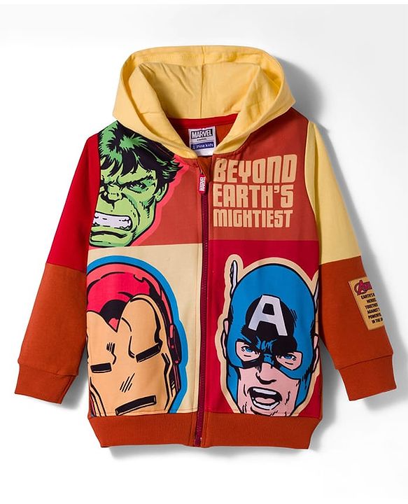 Pine Kids Marvel Fleece Knit Full Sleeves Hooded Sweatjacket With Avengers Graphics - Rust Orange