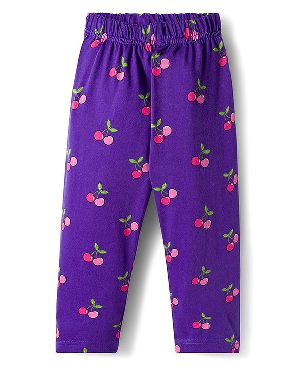 Babyhug Cotton Knit Full Sleeves Co-ords Night Suit With Tropical Theme Print - Violet