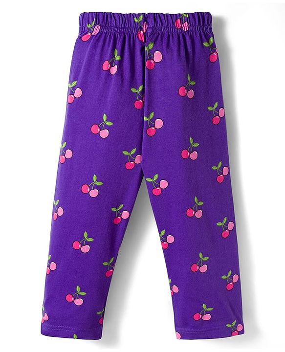 Babyhug Cotton Knit Full Sleeves Co-ords Night Suit With Tropical Theme Print - Violet