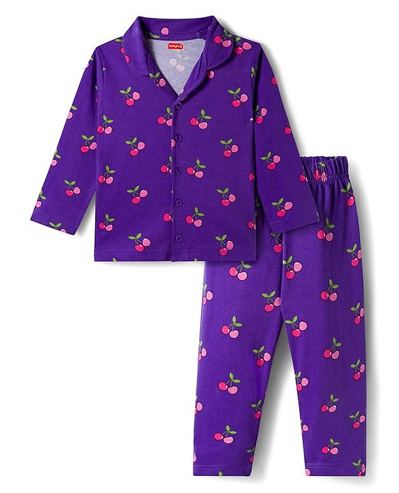Babyhug Cotton Knit Full Sleeves Co-ords Night Suit With Tropical Theme Print - Violet