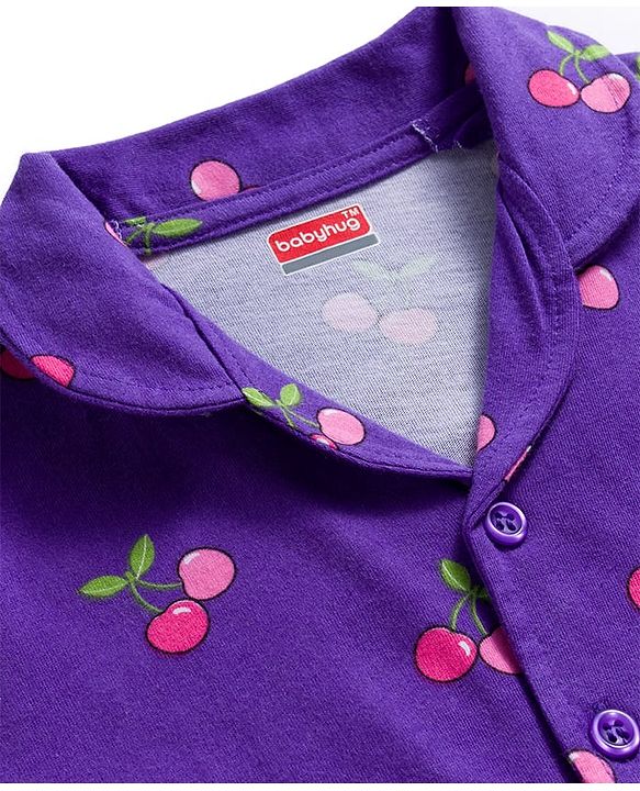 Babyhug Cotton Knit Full Sleeves Co-ords Night Suit With Tropical Theme Print - Violet