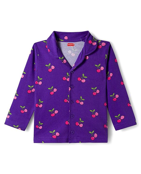 Babyhug Cotton Knit Full Sleeves Co-ords Night Suit With Tropical Theme Print - Violet