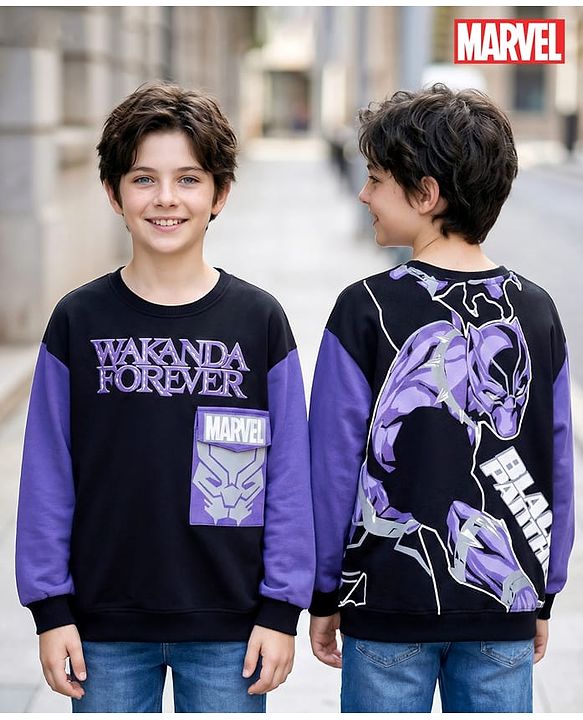 Pine Kids Marvel Terry Knit Full Sleeves Sweatshirt with Front & Back Black Panther Graphic - Black