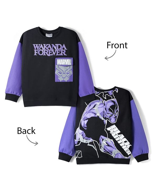 Pine Kids Marvel Terry Knit Full Sleeves Sweatshirt with Front & Back Black Panther Graphic - Black