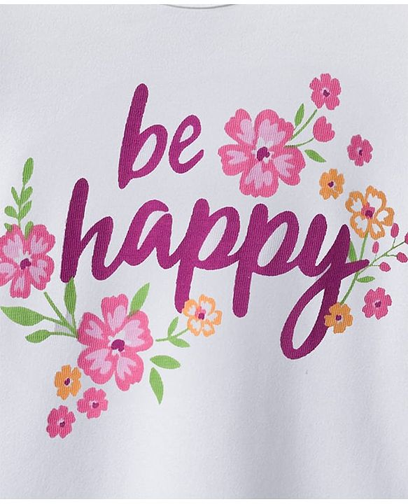 Babyhug 100% Cotton Knit Full Sleeves T-Shirt with Frill Detailing Floral & Text Print - White