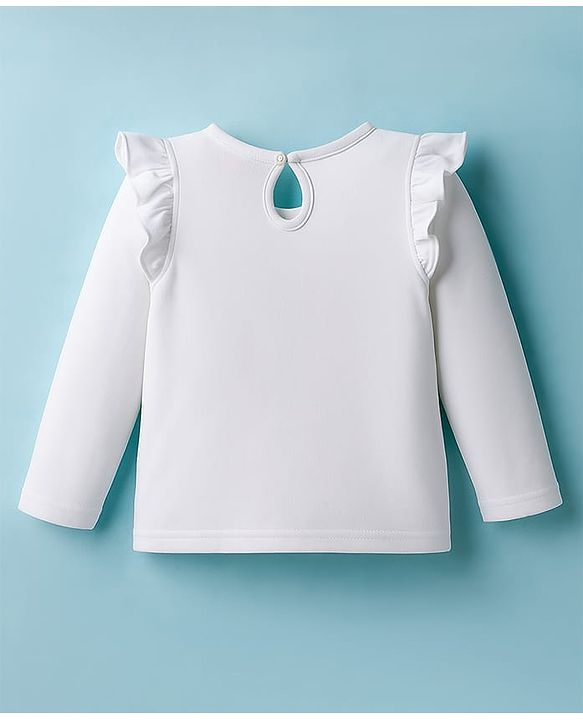 Babyhug 100% Cotton Knit Full Sleeves T-Shirt with Frill Detailing Floral & Text Print - White