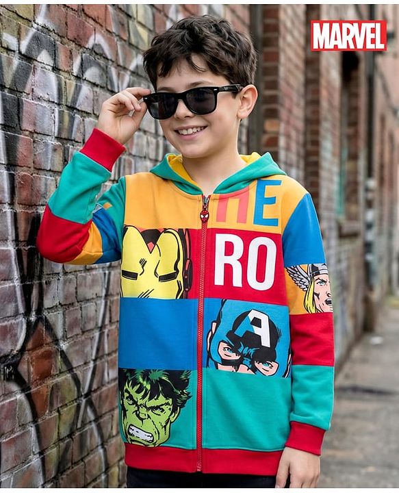 Pine Kids Marvel Terry Knit Full Sleeves Hooded Sweatjacket with Avengers Graphics - Multicolor