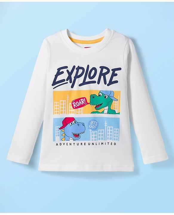 Babyhug 100% Cotton Knit Full Sleeves T-Shirt with Dino & Explore Text Print - White