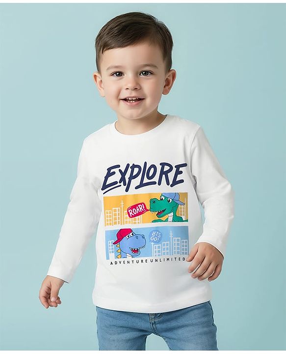 Babyhug 100% Cotton Knit Full Sleeves T-Shirt with Dino & Explore Text Print - White