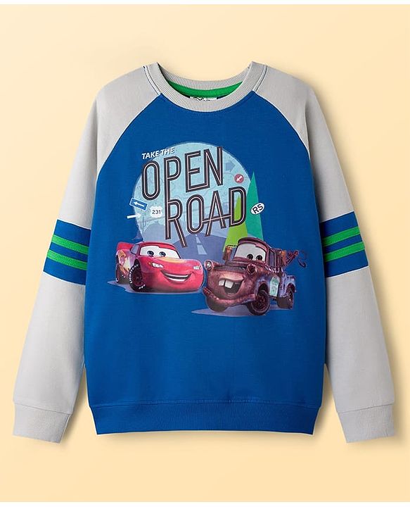 Pine Kids Disney Terry Knit Full Raglan Sleeves Sweatshirt with Cars Graphics - Blue & Grey