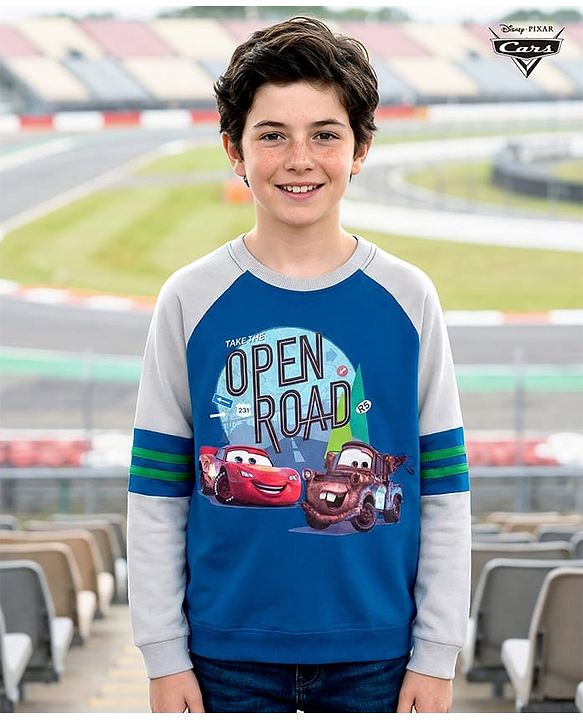 Pine Kids Disney Terry Knit Full Raglan Sleeves Sweatshirt with Cars Graphics - Blue & Grey