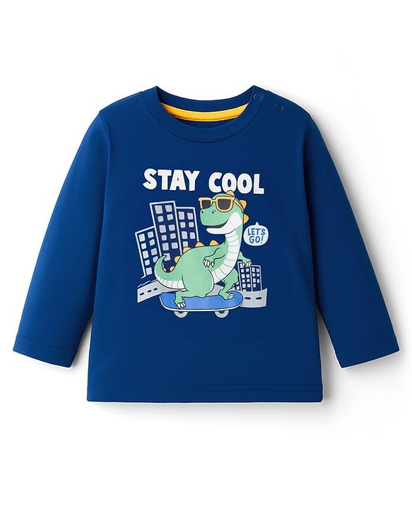 Babyhug 100% Cotton Knit  Full Sleeves T-Shirt with Stay Cool & Dino Print - Navy Blue