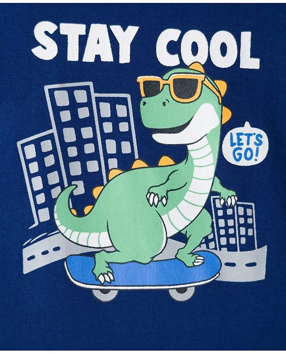 Babyhug 100% Cotton Knit  Full Sleeves T-Shirt with Stay Cool & Dino Print - Navy Blue