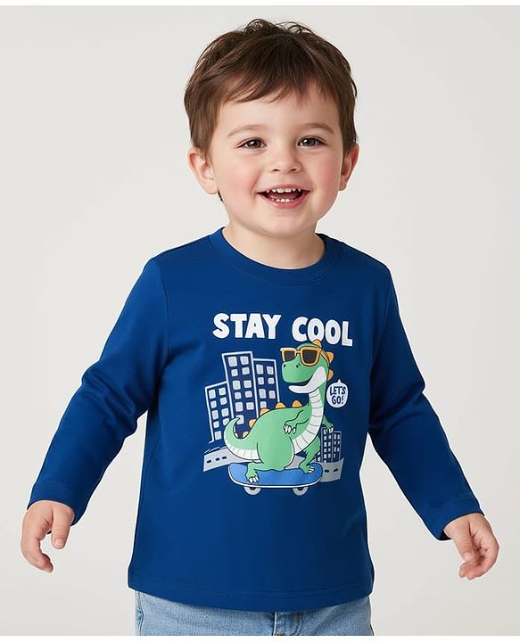 Babyhug 100% Cotton Knit  Full Sleeves T-Shirt with Stay Cool & Dino Print - Navy Blue