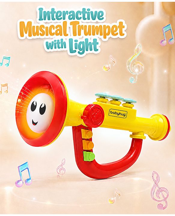 Babyhug Interactive Musical Trumpet Toy with Flashing Lights & Music - Red & Yellow| Learning Toy for Toddlers| Battery Operated | BIS Certified| Toy for 12+ Months Boys & Girls| Gifting Option