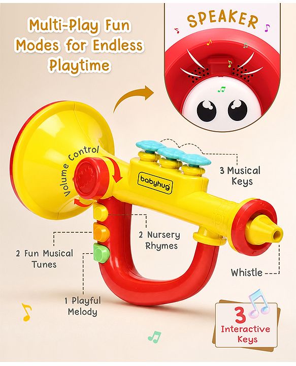 Babyhug Interactive Musical Trumpet Toy with Flashing Lights & Music - Red & Yellow| Learning Toy for Toddlers| Battery Operated | BIS Certified| Toy for 12+ Months Boys & Girls| Gifting Option