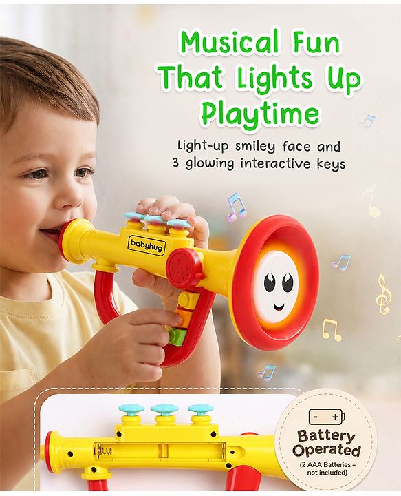 Babyhug Interactive Musical Trumpet Toy with Flashing Lights & Music - Red & Yellow| Learning Toy for Toddlers| Battery Operated | BIS Certified| Toy for 12+ Months Boys & Girls| Gifting Option