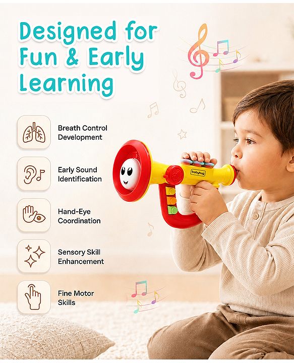 Babyhug Interactive Musical Trumpet Toy with Flashing Lights & Music - Red & Yellow| Learning Toy for Toddlers| Battery Operated | BIS Certified| Toy for 12+ Months Boys & Girls| Gifting Option