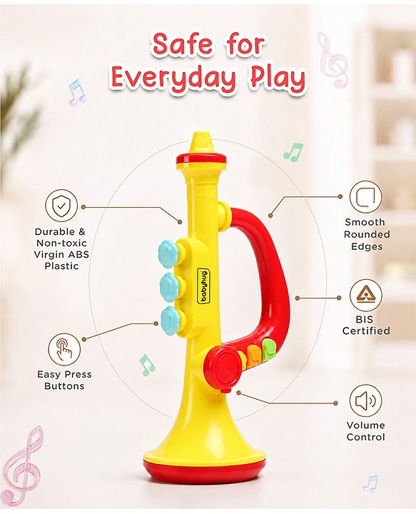 Babyhug Interactive Musical Trumpet Toy with Flashing Lights & Music - Red & Yellow| Learning Toy for Toddlers| Battery Operated | BIS Certified| Toy for 12+ Months Boys & Girls| Gifting Option