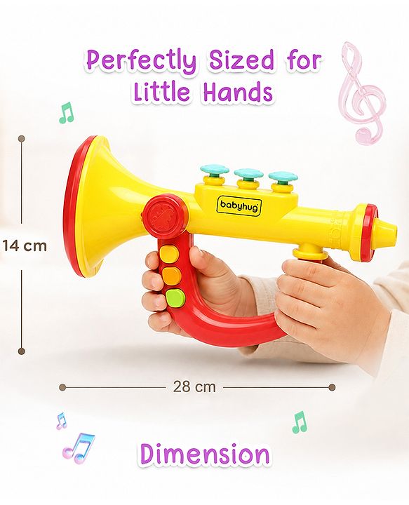 Babyhug Interactive Musical Trumpet Toy with Flashing Lights & Music - Red & Yellow| Learning Toy for Toddlers| Battery Operated | BIS Certified| Toy for 12+ Months Boys & Girls| Gifting Option