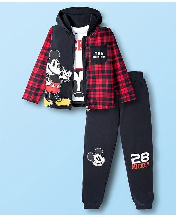 Pine Kids Disney Terry Knit Full Sleeves Hooded Sweatjacket T-Shirt and Joggers with Mickey Mouse Graphics - Red & Black