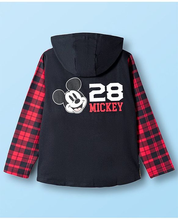 Pine Kids Disney Terry Knit Full Sleeves Hooded Sweatjacket T-Shirt and Joggers with Mickey Mouse Graphics - Red & Black