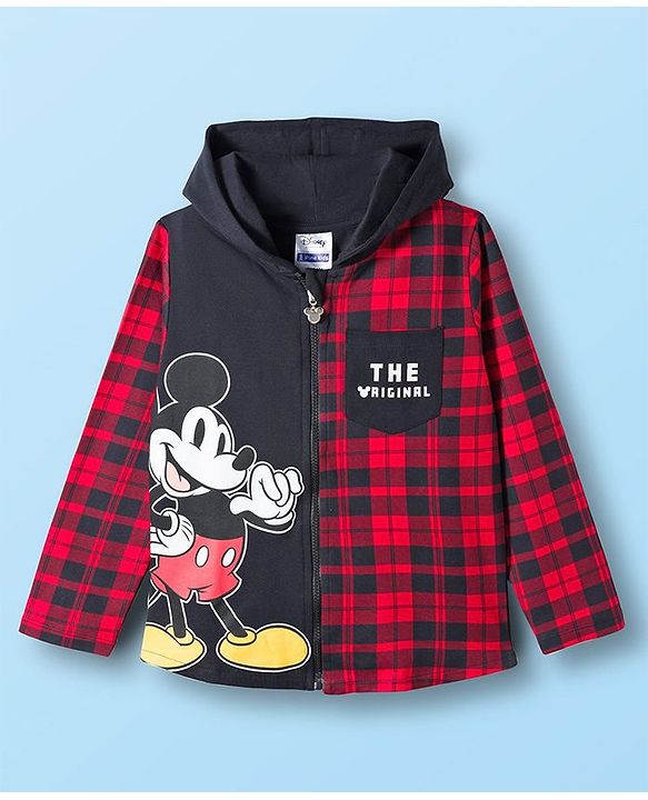 Pine Kids Disney Terry Knit Full Sleeves Hooded Sweatjacket T-Shirt and Joggers with Mickey Mouse Graphics - Red & Black