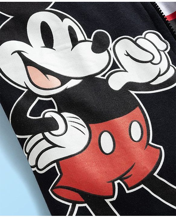 Pine Kids Disney Terry Knit Full Sleeves Hooded Sweatjacket T-Shirt and Joggers with Mickey Mouse Graphics - Red & Black