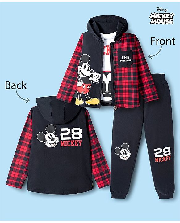 Pine Kids Disney Terry Knit Full Sleeves Hooded Sweatjacket T-Shirt and Joggers with Mickey Mouse Graphics - Red & Black