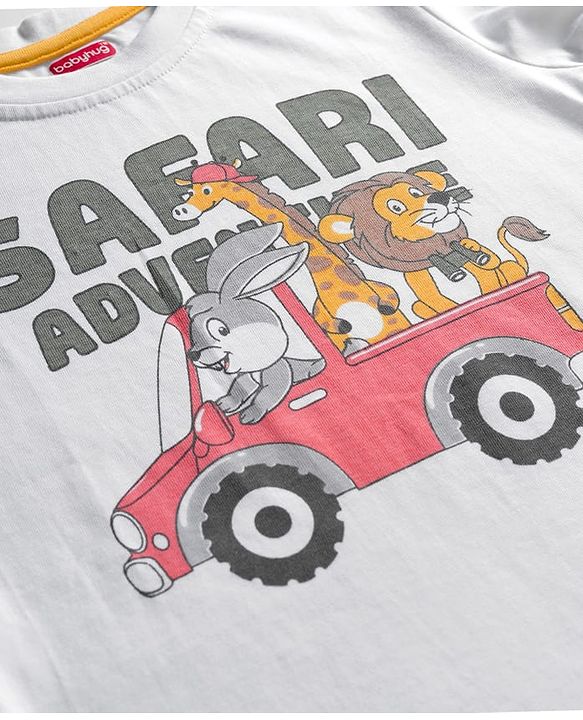 Babyhug 100% Cotton Knit Full Sleeves T-Shirt with Safari Text & Animal Print - White