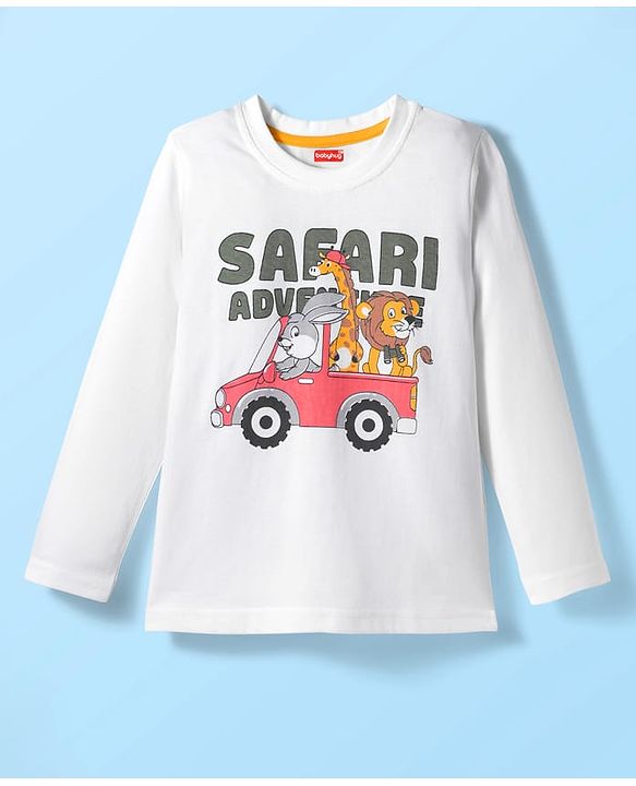 Babyhug 100% Cotton Knit Full Sleeves T-Shirt with Safari Text & Animal Print - White