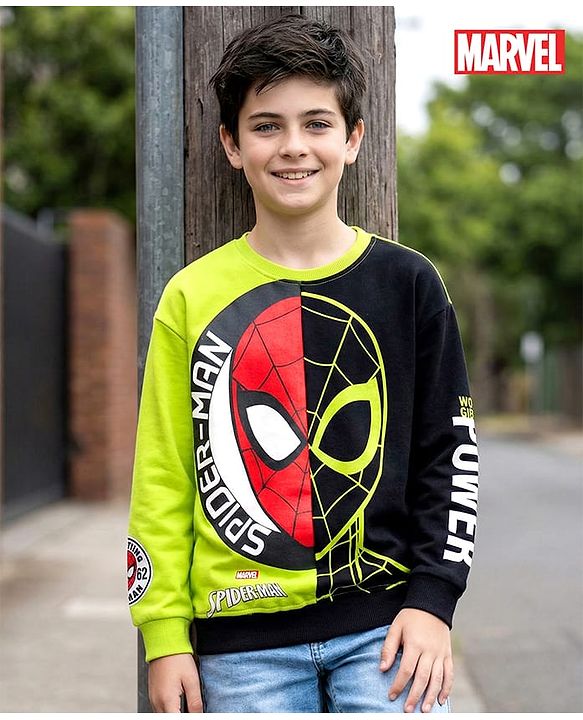 Pine Kids Marvel Terry Knit Drop Shoulder Full Sleeves Cut & Sew Sweatshirt With Spider-Man Graphics - Green & Black