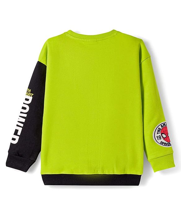 Pine Kids Marvel Terry Knit Drop Shoulder Full Sleeves Cut & Sew Sweatshirt With Spider-Man Graphics - Green & Black