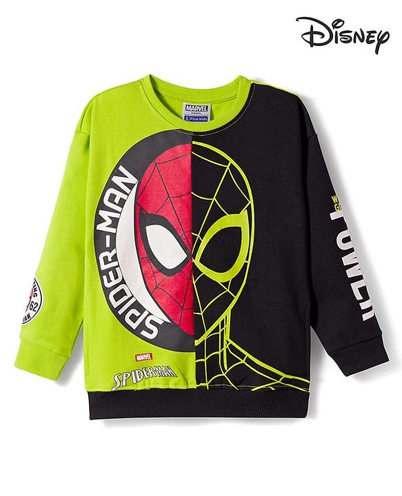 Pine Kids Marvel Terry Knit Drop Shoulder Full Sleeves Cut & Sew Sweatshirt With Spider-Man Graphics - Green & Black