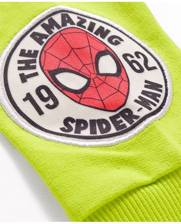 Pine Kids Marvel Terry Knit Drop Shoulder Full Sleeves Cut & Sew Sweatshirt With Spider-Man Graphics - Green & Black