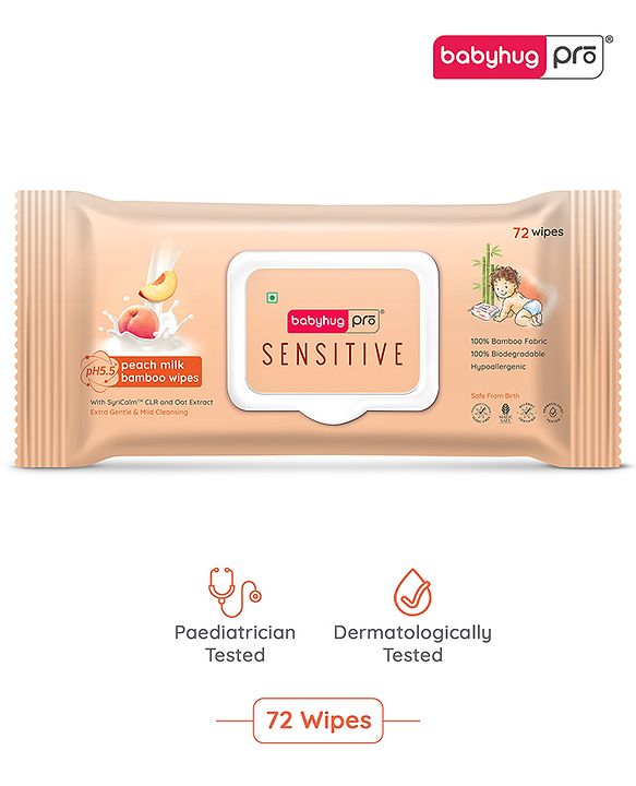 Babyhug Pro Sensitive pH 5.5 Peach Milk Bamboo Wipes - 72 Wipes
