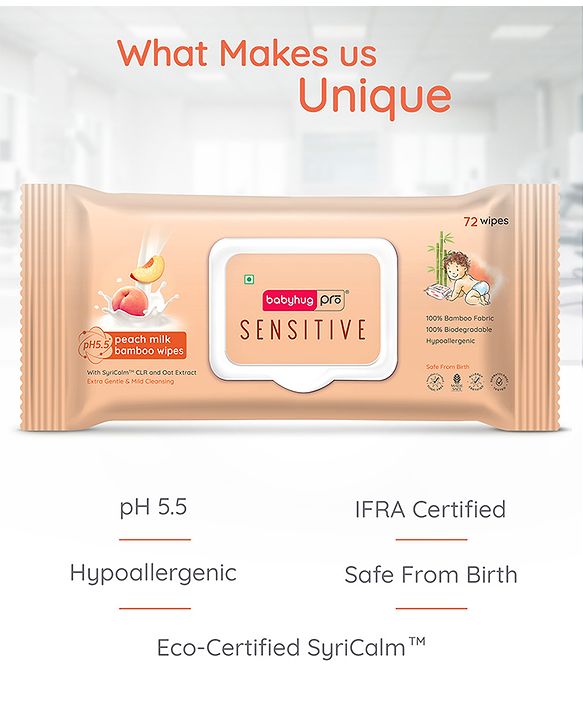 Babyhug Pro Sensitive pH 5.5 Peach Milk Bamboo Wipes - 72 Wipes