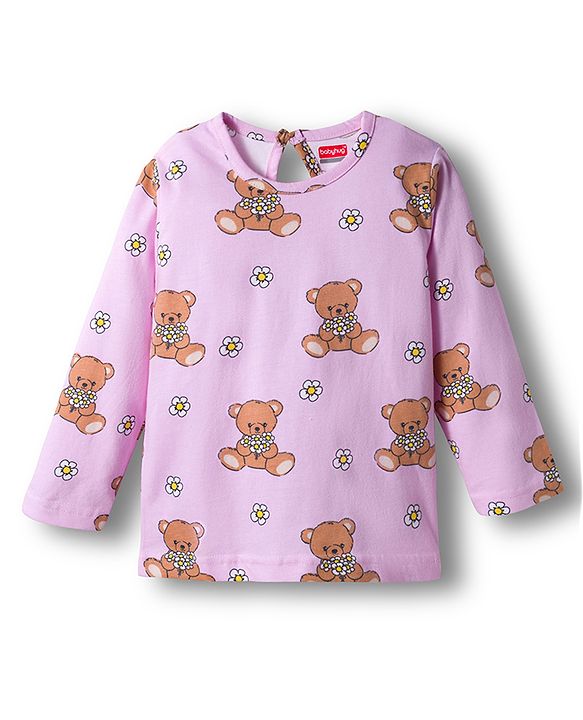 Babyhug Cotton Knit Full Sleeves Co-ords Night Suit With Bear Print - Pink